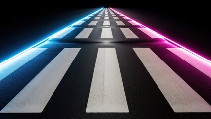 Abstract runway perspective with neon lights and geometric design against black