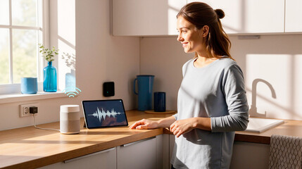 Young woman interacting with tablet and smart speaker in kitchen  