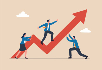 Business improvement or development plan to grow profit, team and community to help improve process for success concept, businessman and woman coworker or team help move arrow upward for growth