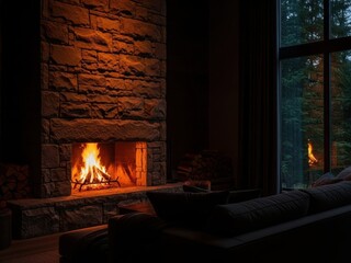 Cozy living room fireplace with burning logs casting warm light in a rustic stone setting