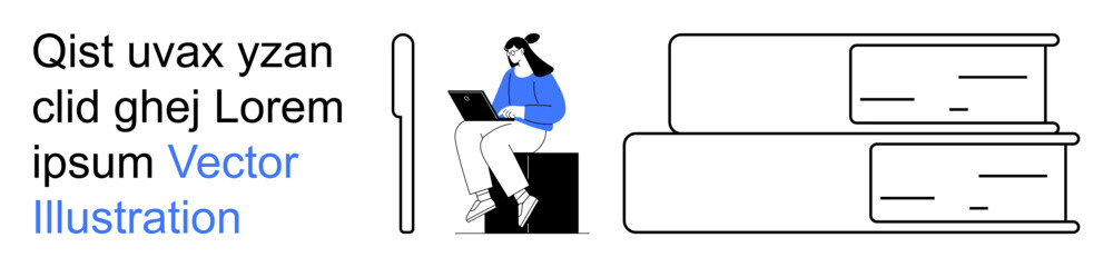 Fototapeta na wymiar Education, e-learning, knowledge, remote work, technology, study habits. Woman sitting with a laptop beside stacked books. Education and e-learning visualization