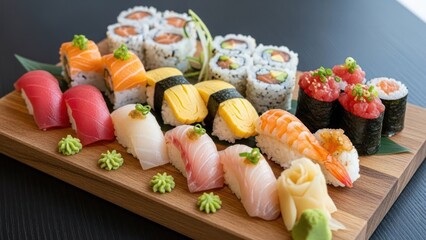 Assorted sushi platter on wooden board displaying japanese cuisine