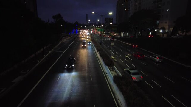 Traffic jan on 23 de Maio Avenue at night, in south side of Sao Paulo city.
