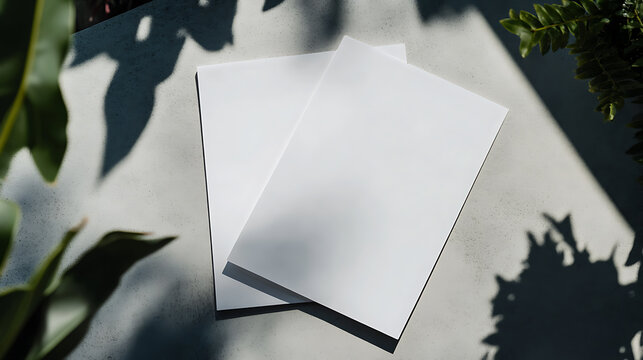 Two blank white cards sit on a textured surface, bathed in natural light and dappled with leaf shadows. This minimalist scene evokes tranquility and invites creative expression.