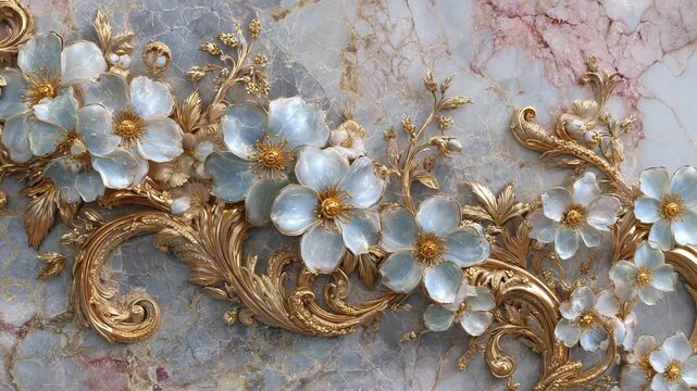 Intricate floral motif with ornate gold details on a marbled background texture