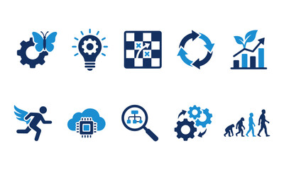 Innovation and growth icons set illustrating creativity, strategy, agile process, digital transformation, and human evolution in modern blue flat style.