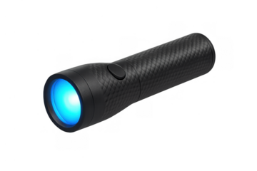 Black tactical flashlight illuminating with a bright blue light, providing portable visibility and security in darkness, transparent background