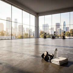 Modern gym interior with dumbbells and city skyline view