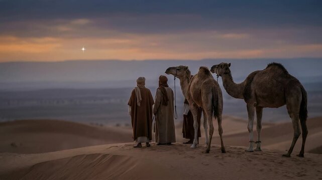 Biblical scene of the three wise men, or magi, with their camels on a sand dune, journeying through the desert at dusk to follow the bright guiding star of bethlehem in the evening sky