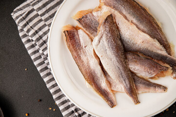 Hake fillet raw fish seafood healthy food main course ingredient appetizer fresh gourmet food table setting rustic food top view copy space pescatarian diet