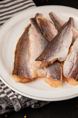 Hake fillet raw fish seafood healthy food main course ingredient appetizer fresh gourmet food table setting rustic food top view copy space pescatarian diet