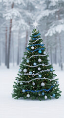 Fototapeta premium Green Christmas tree with blue and silver ornament, set in snowy forest. Represents holiday spirit, festive decoration, and serene winter landscape
