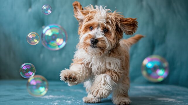 A cavoodle dog happily jumps in the air and tries to catch soap bubbles. An advertising photo with a place for the text.