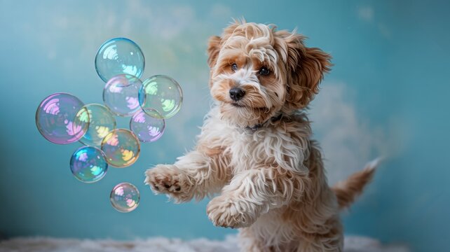 A cavoodle dog happily jumps in the air and tries to catch soap bubbles. An advertising photo with a place for the text.