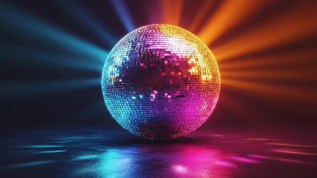Vibrant neon disco ball reflecting colorful lights on dark floor. Black Friday sale