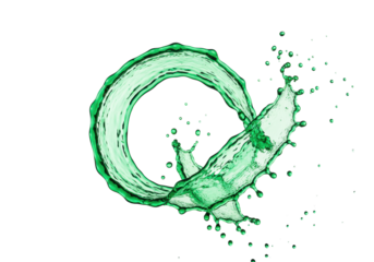 macro shot of a vibrant emerald green liquid splash, forming a dramatic explosive arc with detailed atomized micro-droplets and air bubbles, isolated on a transparent background, concept for beverage