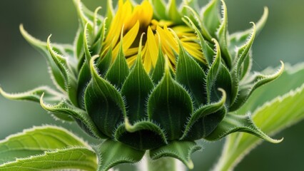 Close-up of a sunflower bud with green leaves and yellow petals.