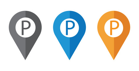 Parking Location Map Pin Icon Set in Multiple Colors, Vector Illustration