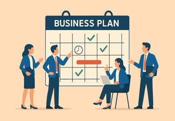 Business planning, development schedule, project management calendar or checklist, brainstorming or analyzing employee, resource management concept, business people discussing business plan schedule.