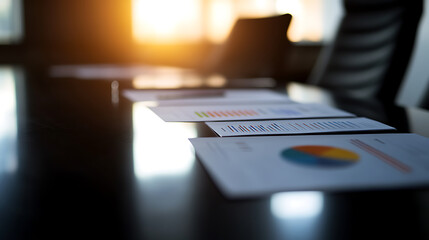 Financial documents and analytics on a conference room table create a scene of strategic planning and business insights. Charts and graphs detail performance trends.