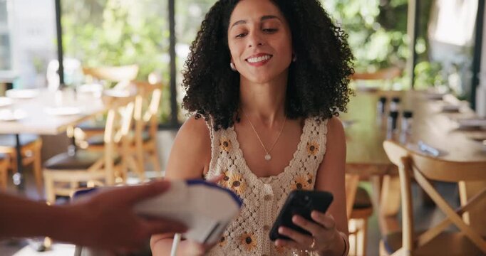 Happy woman, customer and pos machine with phone in cafe for payment, banking or checkout. Female person, user or waiter with mobile smartphone, tap or buy for NFC or wireless transaction in shop