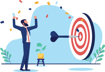 Business target achievement - Businessman hitting bullseye and celebrating success and accomplishment with falling confetti. Hitting and reaching goal concept in flat design vector illustration