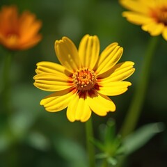 Obraz premium Close-up of vibrant yellow helianthemum bloom. The flower displays rich orange hues and delicate petals, showcasing natural beauty. This image represents springtimes warmth and botanical elegance.