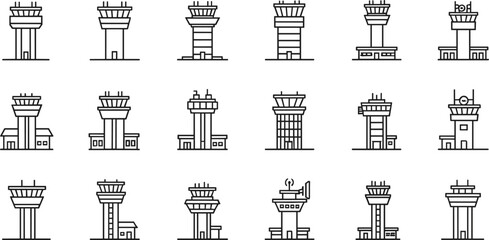 Collection of airport air traffic control tower vector icons featuring various tower designs in clean modern line style illustration