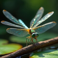 Green dragonfly with transparent wings rests on branch over water. Large compound eyes and delicate body detail. Insect macro shot in natural pond habitat with lily pads.