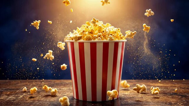 Crispy golden popcorn bursting out of a red and white striped bucket, dynamically falling onto a rustic wooden table with a dramatic, warm backlight against a dark blue background