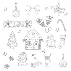 Hand drawn Christmas gingerbread cookies and cozy winter sweets doodle vector set — holiday treats, candy cane, hot drink, baking elements clipart