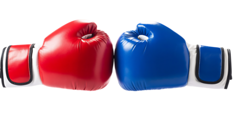 Red and blue boxing gloves facing each other isolated on white background