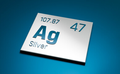 Silver, Ag, periodic table element. Science, metal, chemical element, structure, atomic weight, atomic number. 3D illustration