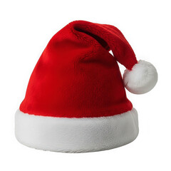 Classic red santa claus hat with white fur trim and fluffy pompom
