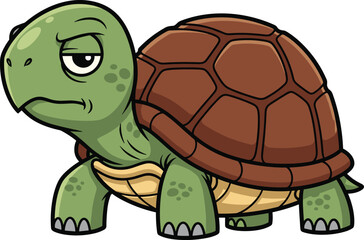 Cartoon turtle with tired expression, green body, brown shell, unimpressed face, slow character concept, flat vector illustration