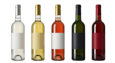 five premium still wine bottles with blank matte black and glossy red mockup labels, showing reflective glass textures in a high-key white studio shot. concept for luxury branding