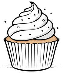 Sweet cupcake with white frosting and sprinkles, cartoon style icon design.