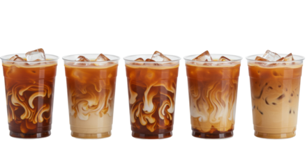 six transparent cold cups with iced chai lattes showing arrested, complex white milk marbling in amber tea, isolated on reflective white surface with geometric ice. concept for beverage advertising