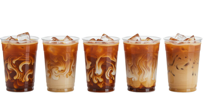 six transparent cold cups with iced chai lattes showing arrested, complex white milk marbling in amber tea, isolated on reflective white surface with geometric ice. concept for beverage advertising