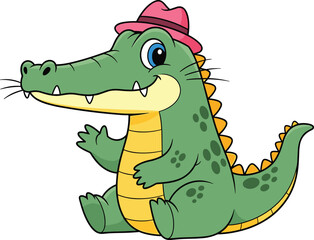 Cartoon green alligator waving, friendly crocodile, pink hat, cheerful expression, kids character design, playful pose, flat vector illustration