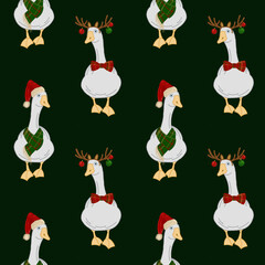Seamless Pattern Featuring Geese Wearing Festive Hats and Antlers in a Repeating Design on a Dark Background