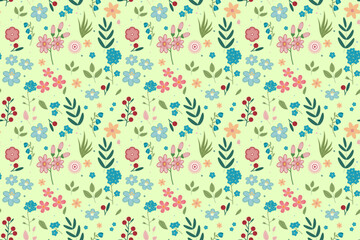Seamless floral pattern featuring blooming multicolored flowers and delicate leaves Isolated light yellow background. Ideal for fabric design, wrapping paper, wallpapers spring summer themed projects.