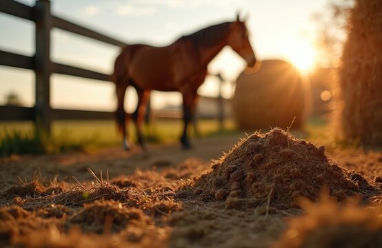 Brown horse stands near hay bales at farm at sunset. Pile of horse manure in foreground. Rural farmyard with fence. Natural organic fertilizer.