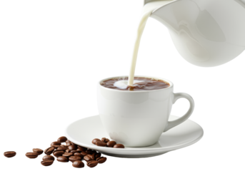 Hyper-detailed commercial close-up of a white cezve pouring rich milky coffee into a classic cup, sharp focus on objects, high-key white background with copy space. Concept for luxury coffee