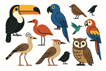 Naklejka premium Brazilian bird vector icon set with toucan macaw ibis seriema hummingbird arara owl and songbirds