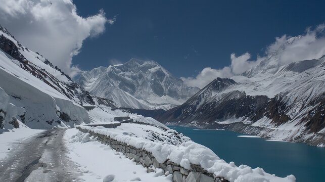 Snowy mountain pass with a turquoise lake and towering, snow-capped peaks