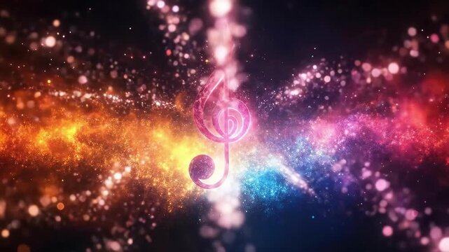 Vibrant musical treble clef with fiery galaxy-inspired background and bokeh lights