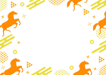 午年をイメージした馬と和柄のPOPなフレーム_白背景_オレンジ
