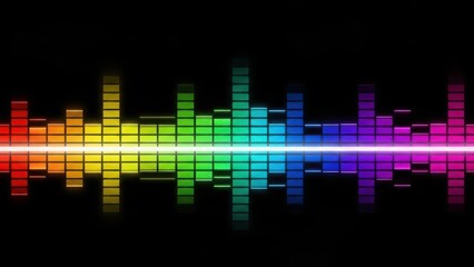 Colorful sound wave equalizer bar chart with bright horizontal light beam on black background, abstract music visualization, digital art, entertainment concept.