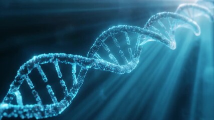 Abstract glowing blue DNA helix structure with light rays, representing genetics, science, and life - Powered by Adobe